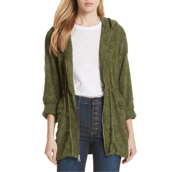 Alice + Olivia Marna Embroidered Hooded Parka Jacket Top Zip-Up Green M 262510 - Picture 1 of 10